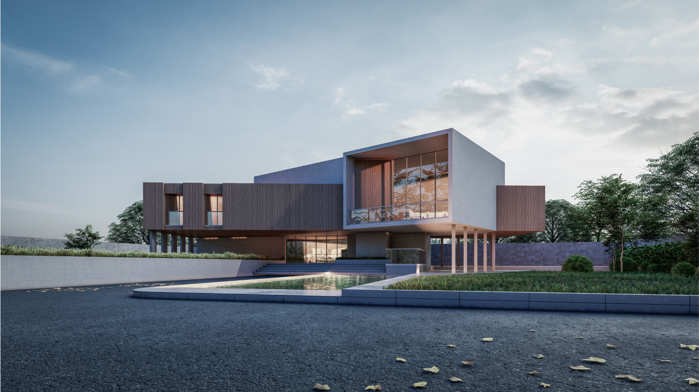 A wide photo of a modern mansion.